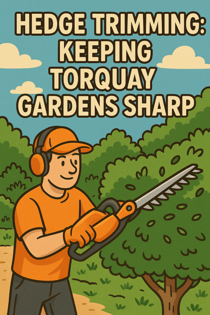 Cartoon gardener trimming a hedge. Text reads "HEDGE TRIMMING: KEEPING TORQUAY GARDENS SHARP".